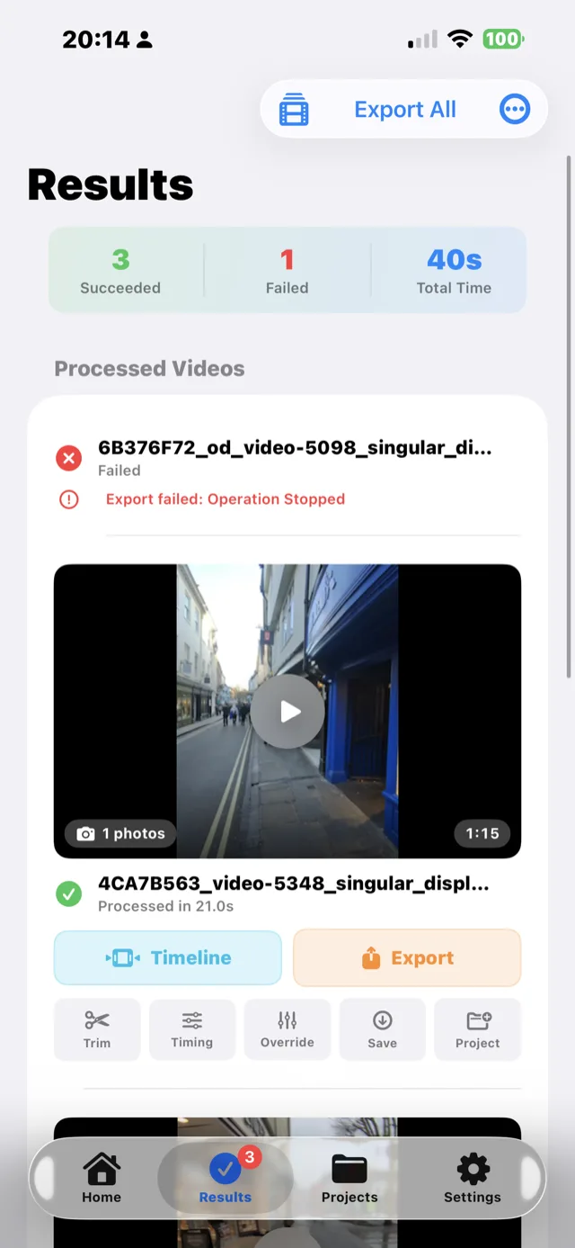 POV Syncer results screen on iPhone showing finished street photography POV videos ready to edit or export