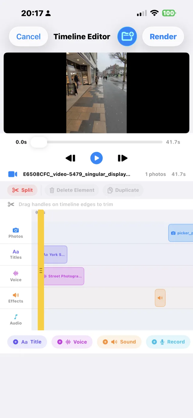 POV Syncer timeline editor on iPhone with title, AI voice and photo tracks for a street photography BTS video
