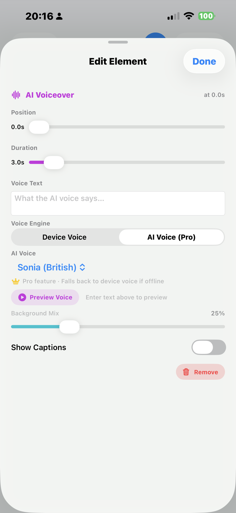 POV Syncer AI Voiceover panel showing the choice of six natural neural voices