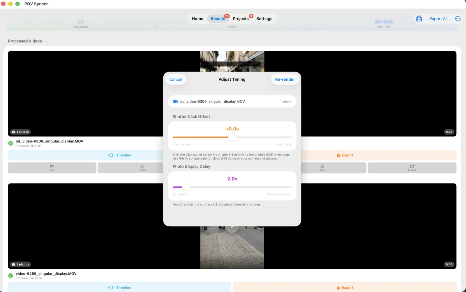 POV Syncer Mac Adjust Timing sheet with Shutter Click Offset and Photo Display Delay sliders.