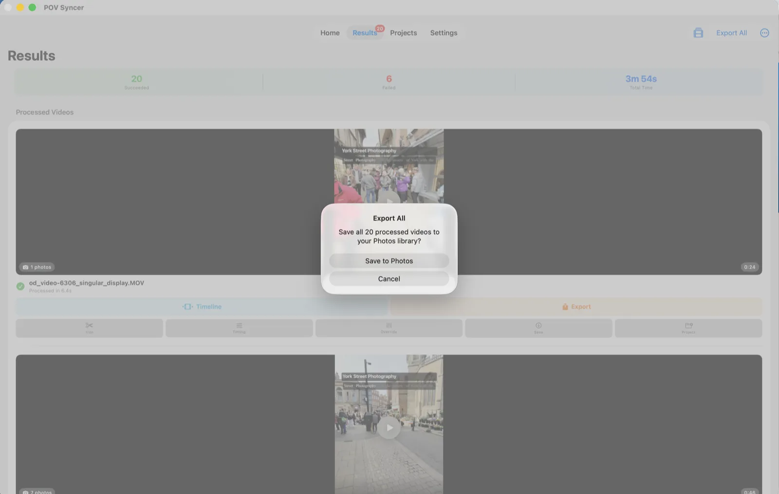 POV Syncer Mac Export All dialog asking to save all 20 processed videos to the Photos library.