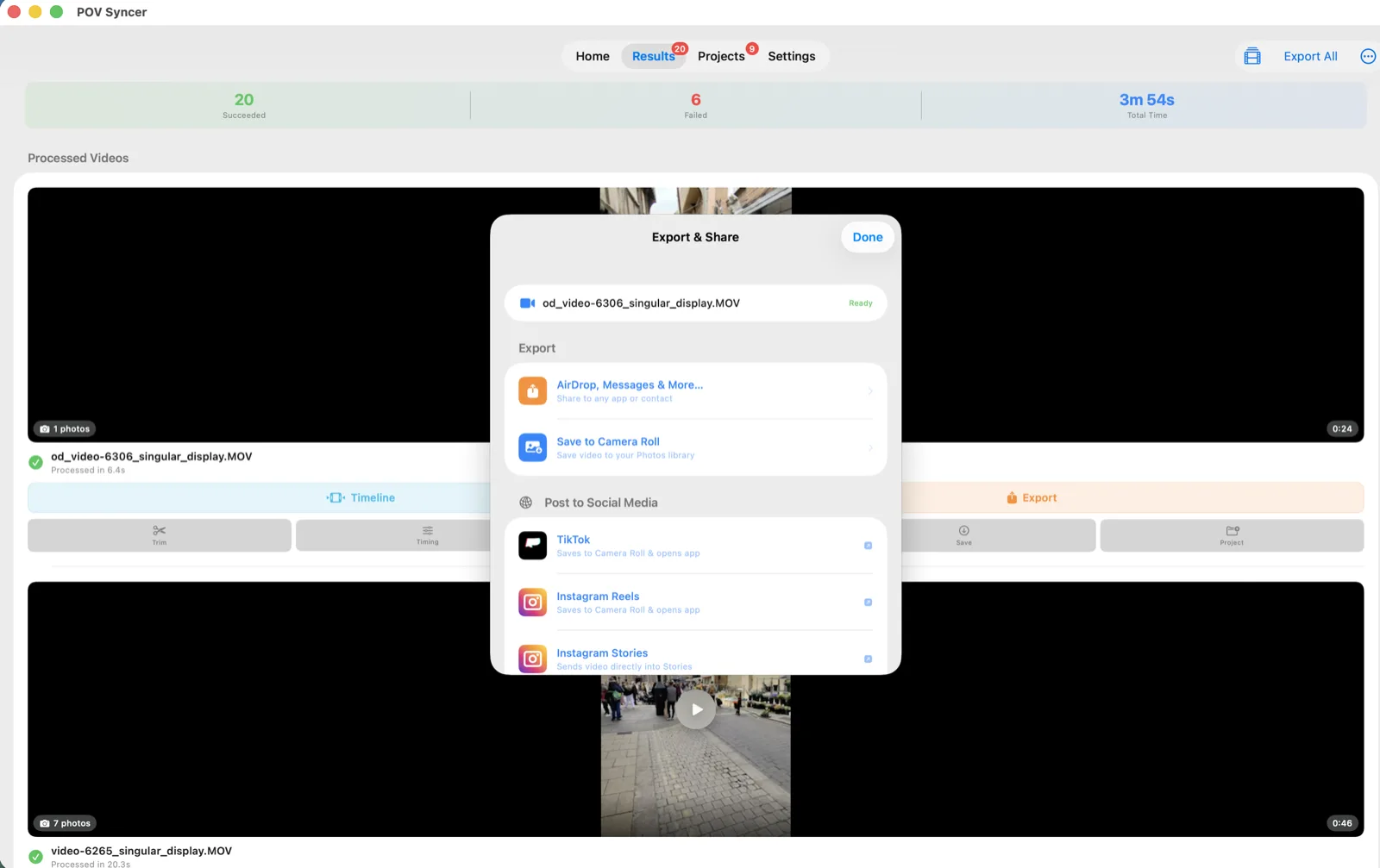 POV Syncer Mac Export and Share sheet with AirDrop, Save to Camera Roll, TikTok and Instagram options.