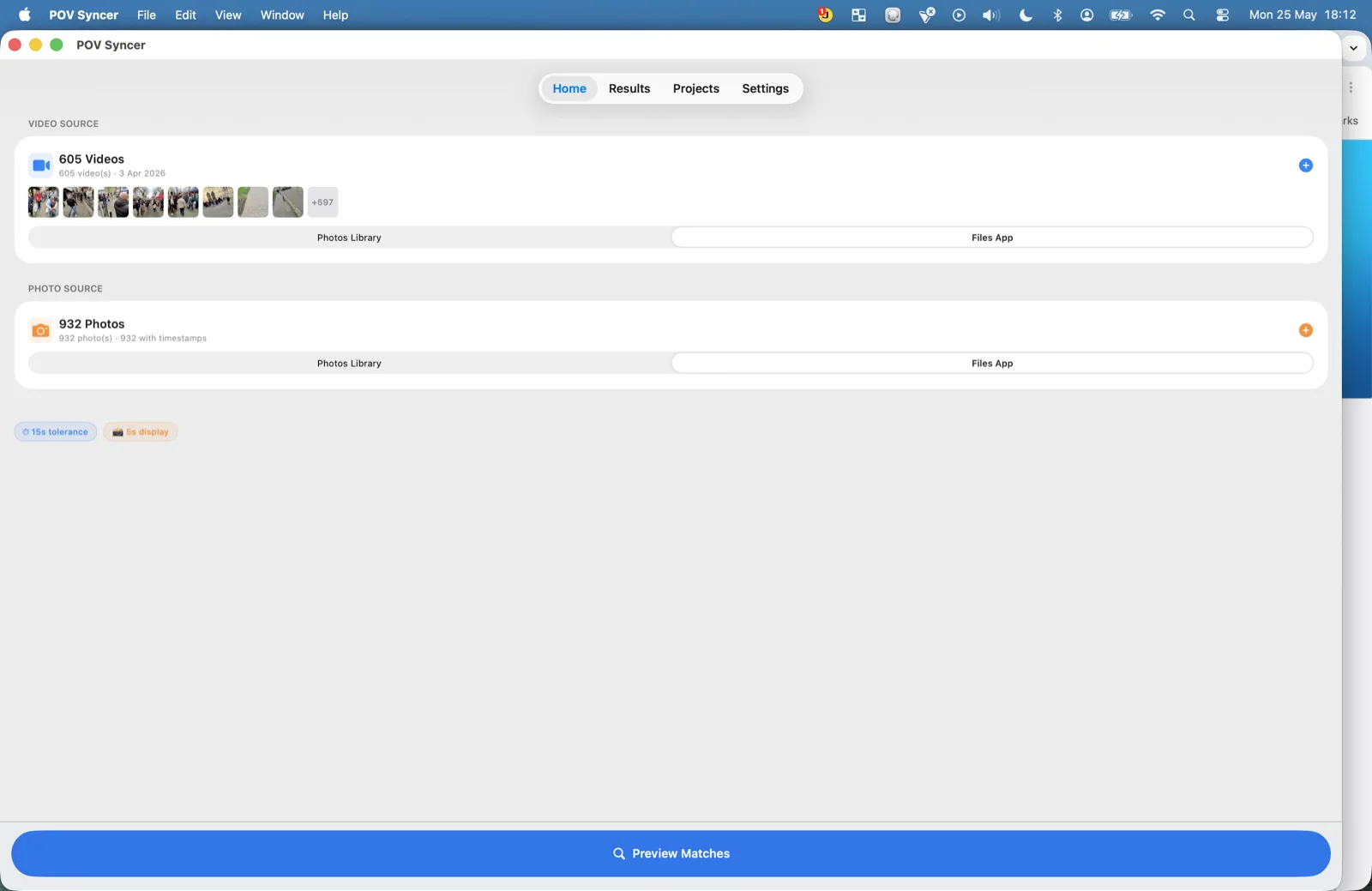 POV Syncer on Mac Home screen with 605 videos and 932 photos loaded, ready to preview matches.