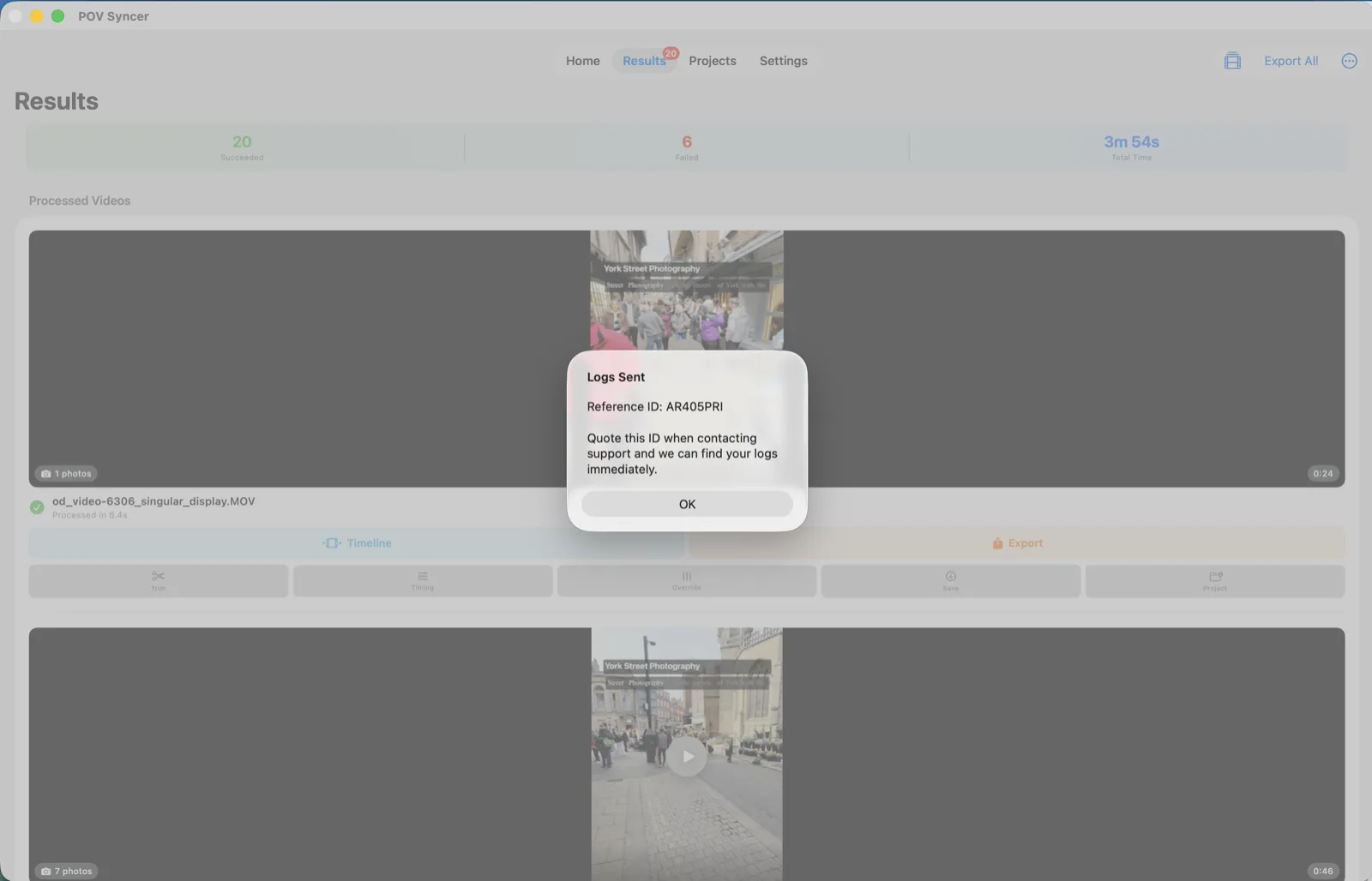POV Syncer Mac Logs Sent confirmation showing a reference ID to quote when contacting support.