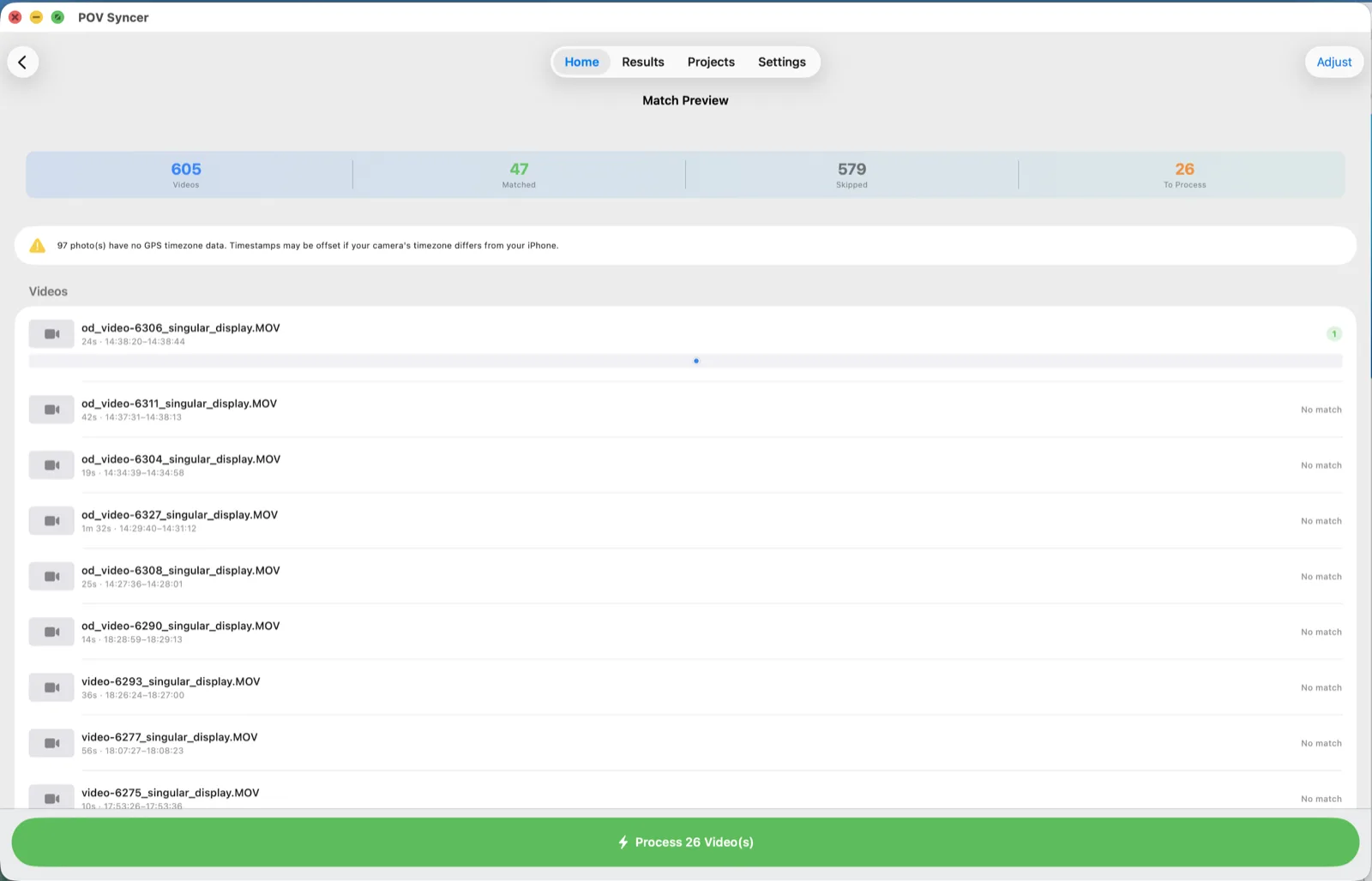 POV Syncer Mac Match Preview showing 605 videos, 47 matched, 579 skipped and 26 to process.