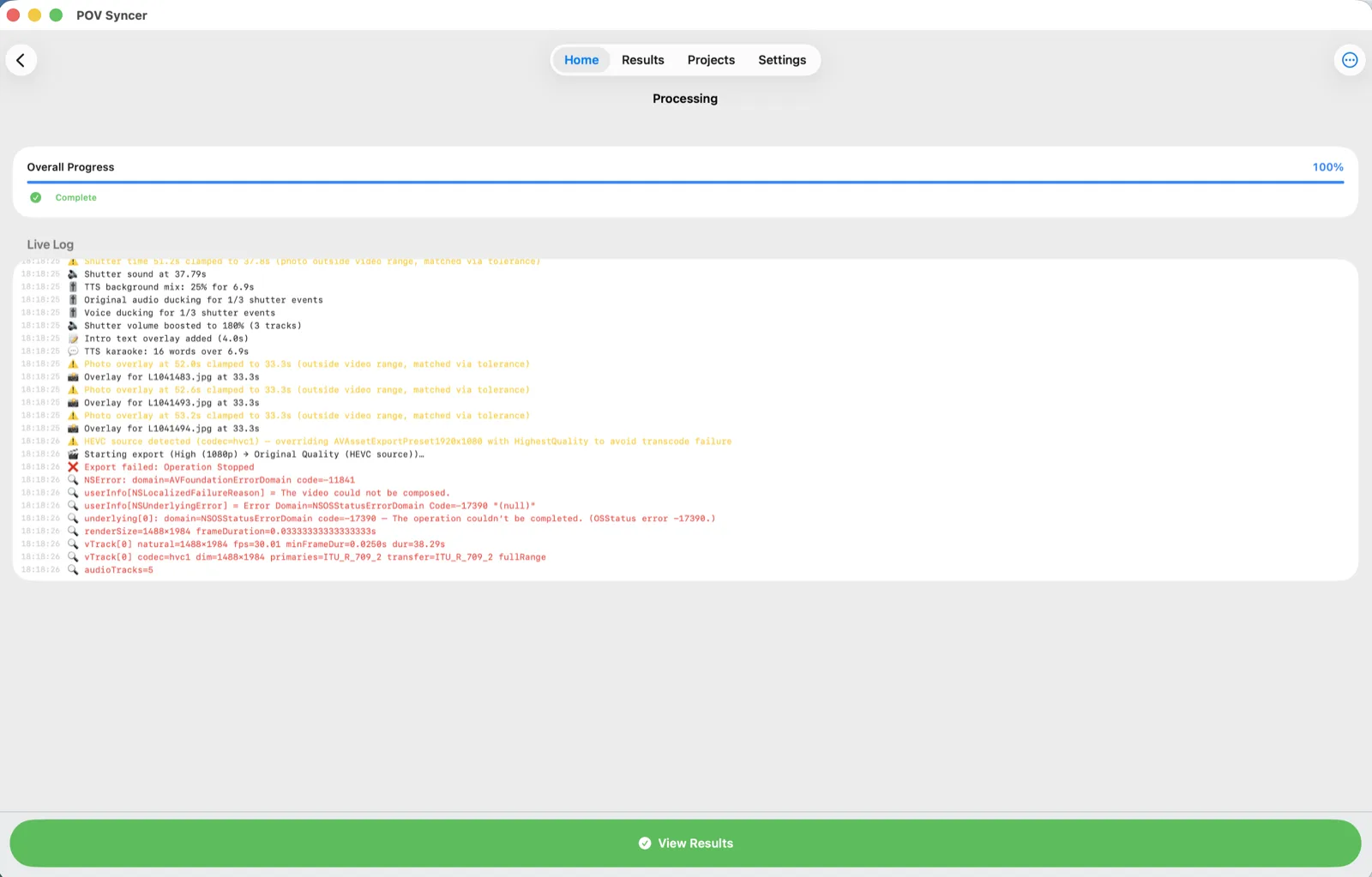 POV Syncer Mac processing complete at 100% with the live log showing exports finished and one failed export in red.