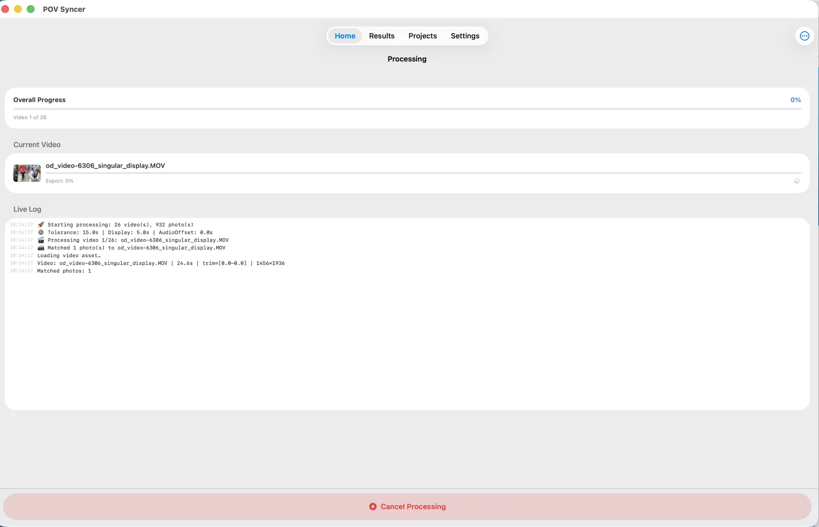 POV Syncer Mac processing screen with a live log showing video 1 of 26 being rendered.
