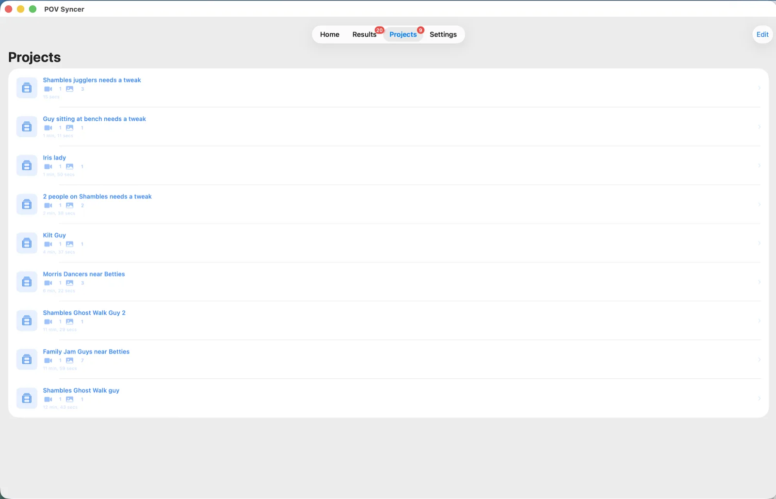 POV Syncer Mac Projects tab listing saved projects with video and photo counts.