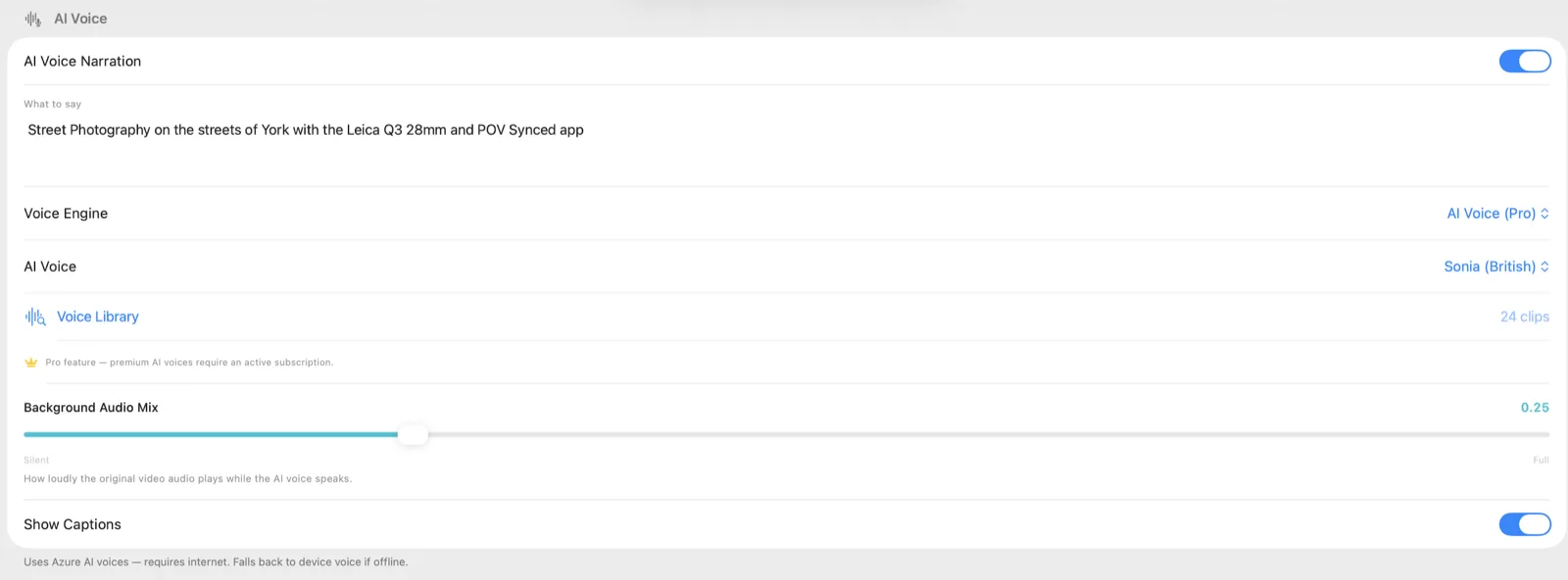 POV Syncer Mac Settings AI Voice section with voice engine, Sonia British voice, Voice Library and captions toggle.