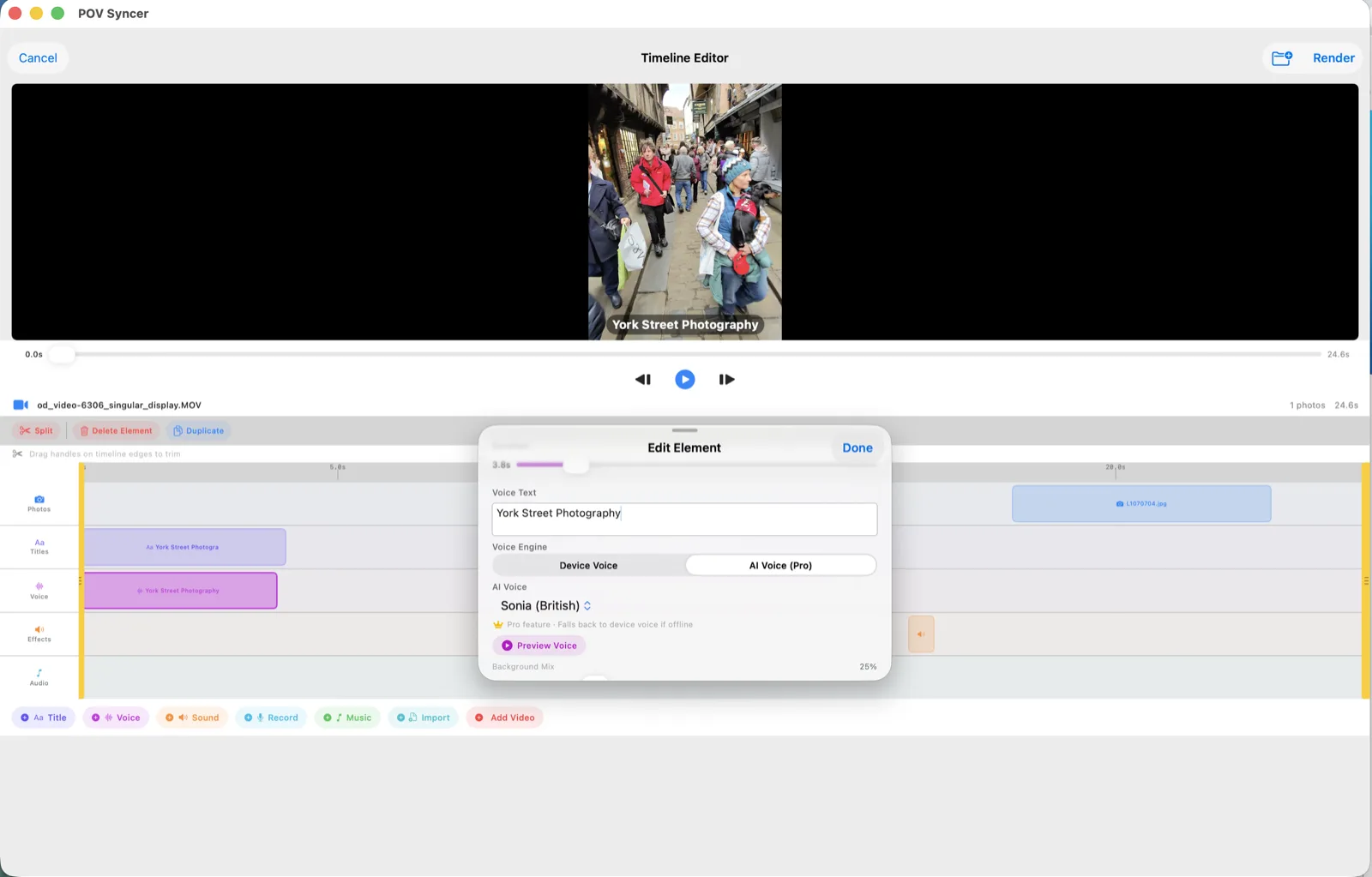 POV Syncer Mac timeline Edit Element sheet for AI voice narration using the Sonia British neural voice.
