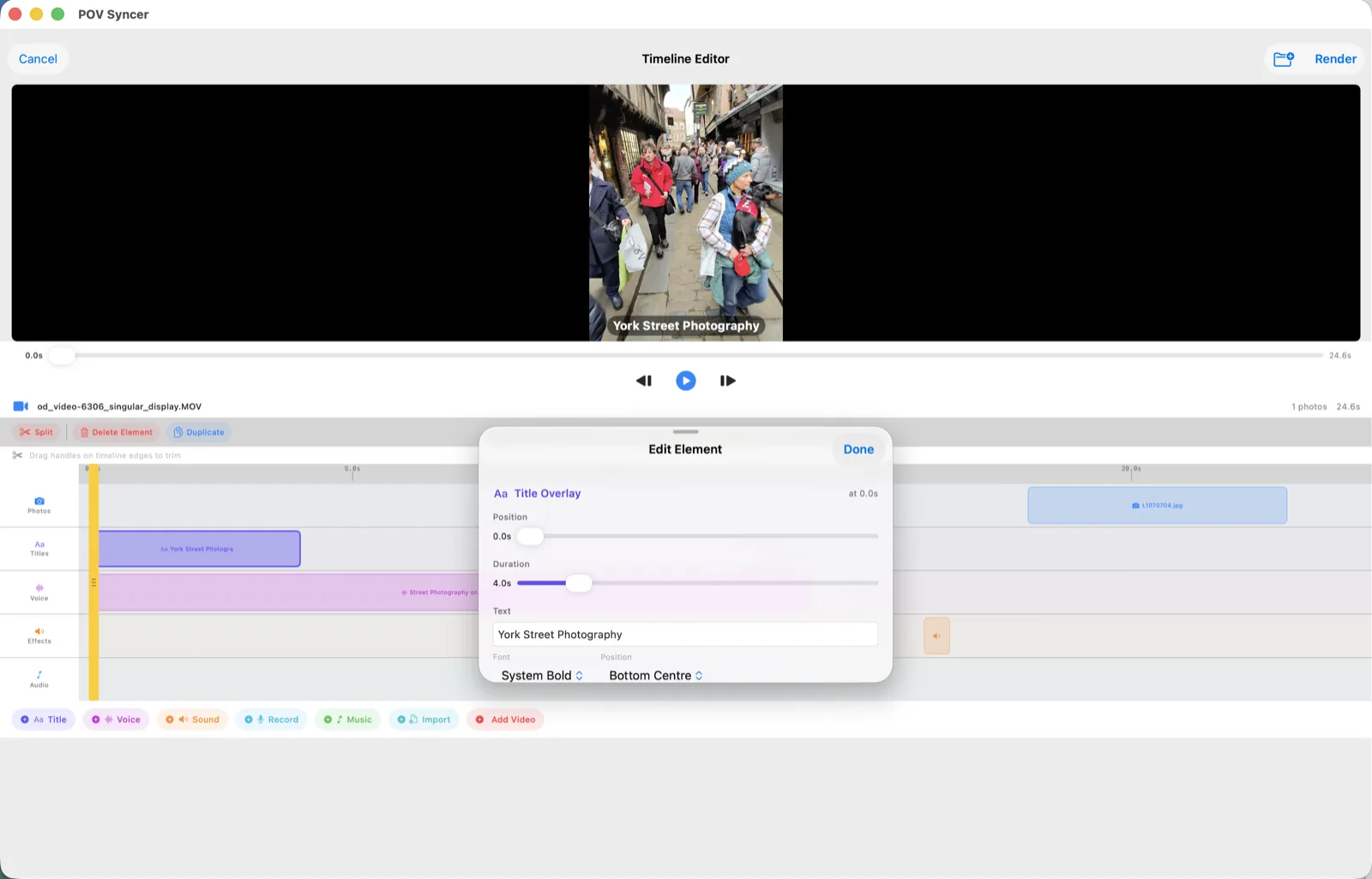 POV Syncer Mac timeline Edit Element sheet for a title overlay reading York Street Photography.