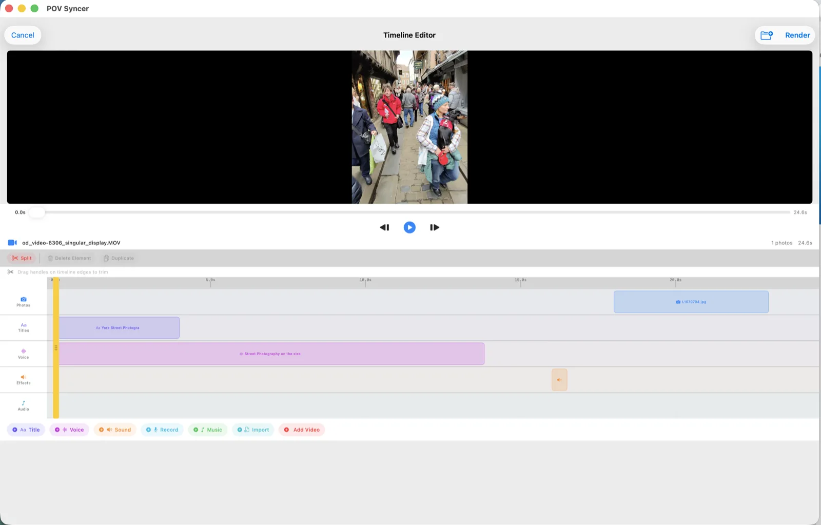 POV Syncer Mac Timeline Editor with Photos, Titles, Voice, Effects and Audio tracks.