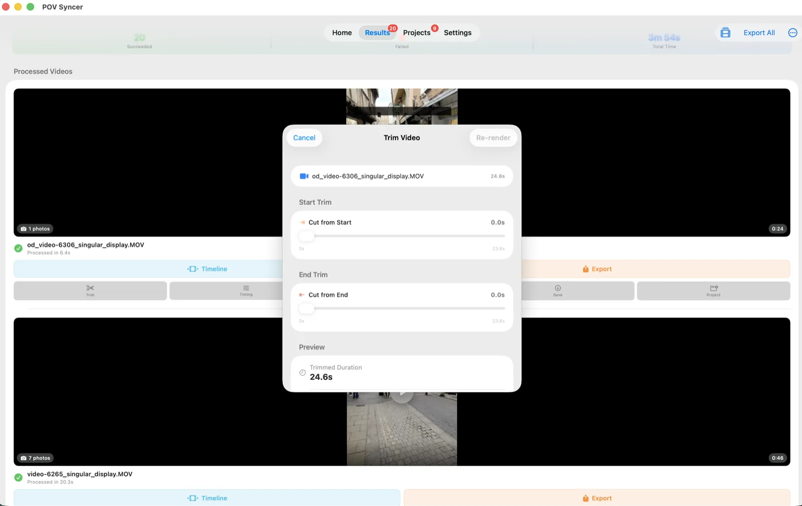 POV Syncer Mac Trim Video sheet with Start Trim, End Trim and a live trimmed-duration preview.