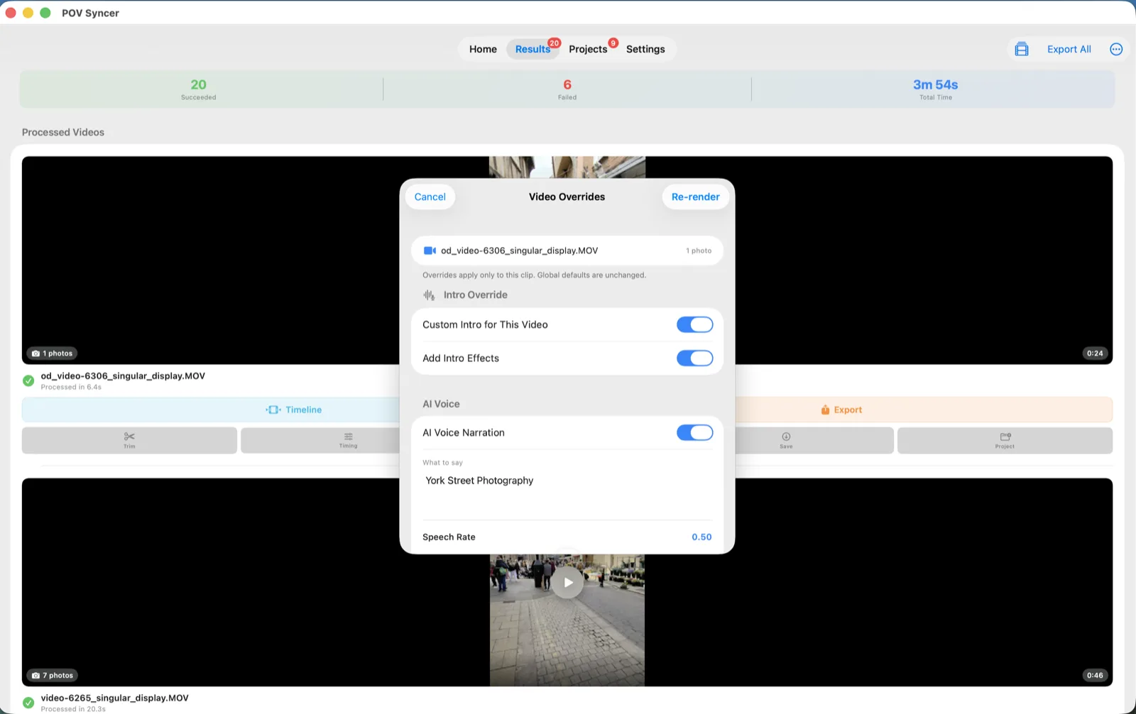 POV Syncer Mac Video Overrides sheet with custom intro and per-clip AI voice narration options.