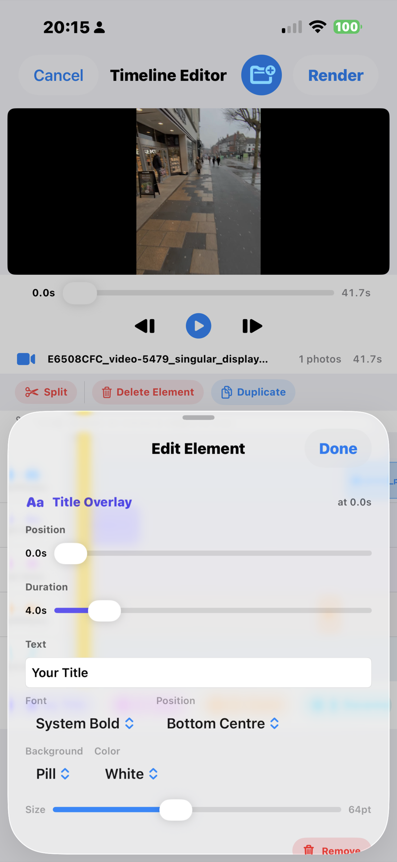 POV Syncer timeline editor with the Edit Element panel open to add a title overlay