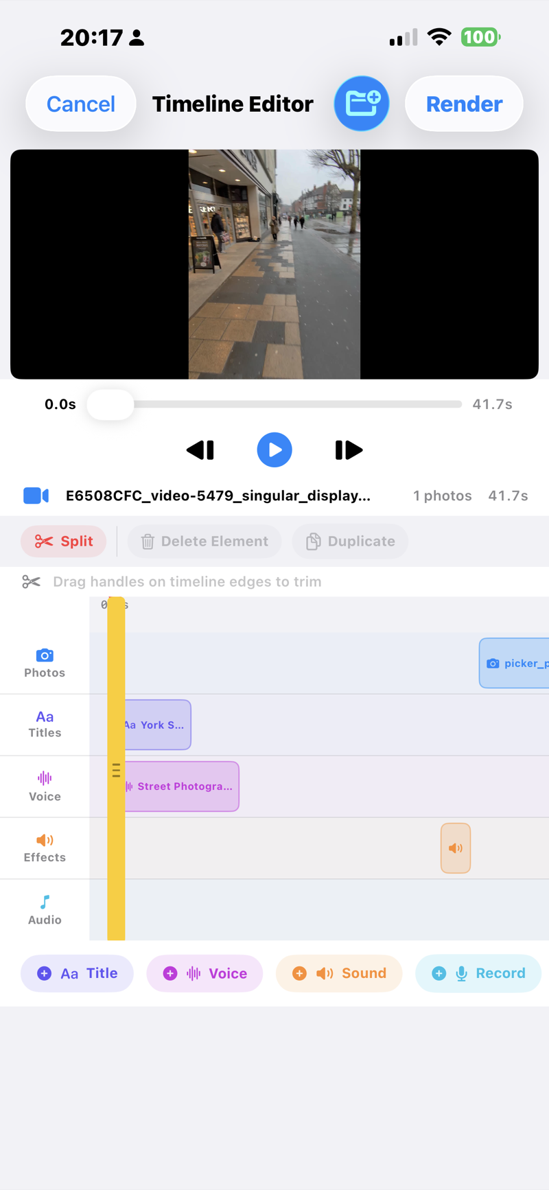 POV Syncer timeline editor on iPhone, showing a street-photography video with photo, title, and voiceover tracks
