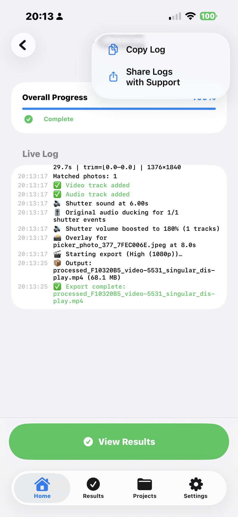 Results screen with the ellipsis menu open showing Copy Log and Share Logs with Support.